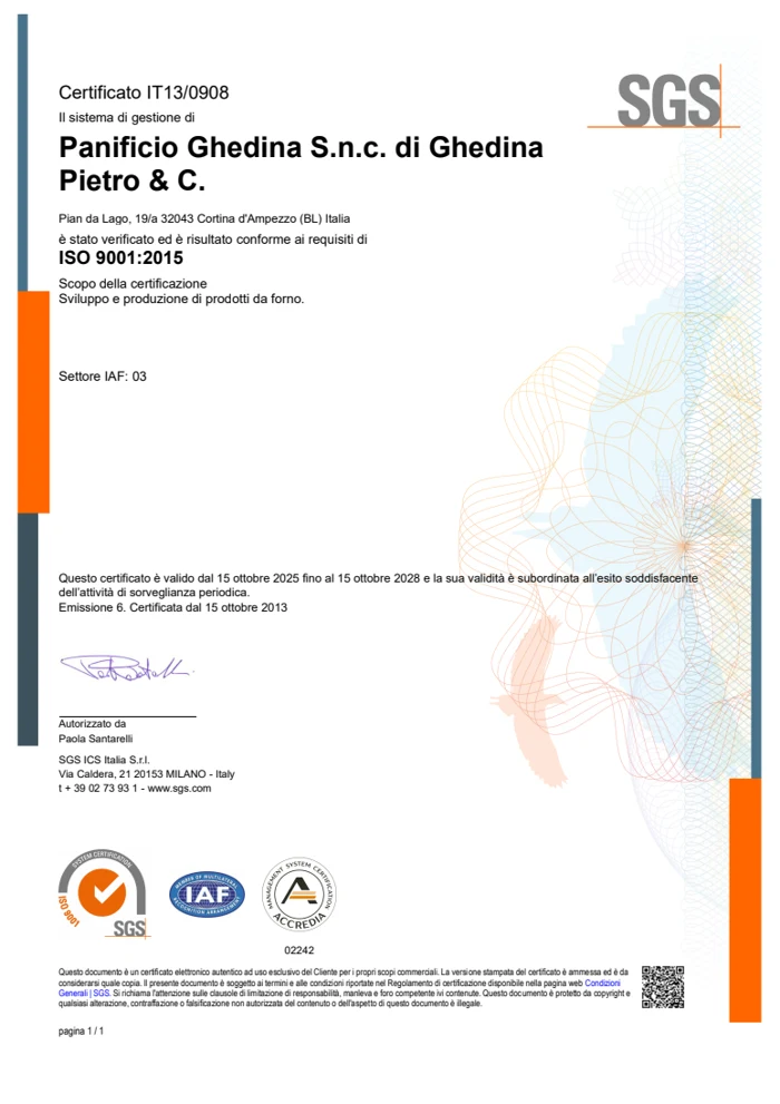 Certificato SGS ISO 9001:2015 del Panificio Ghedina